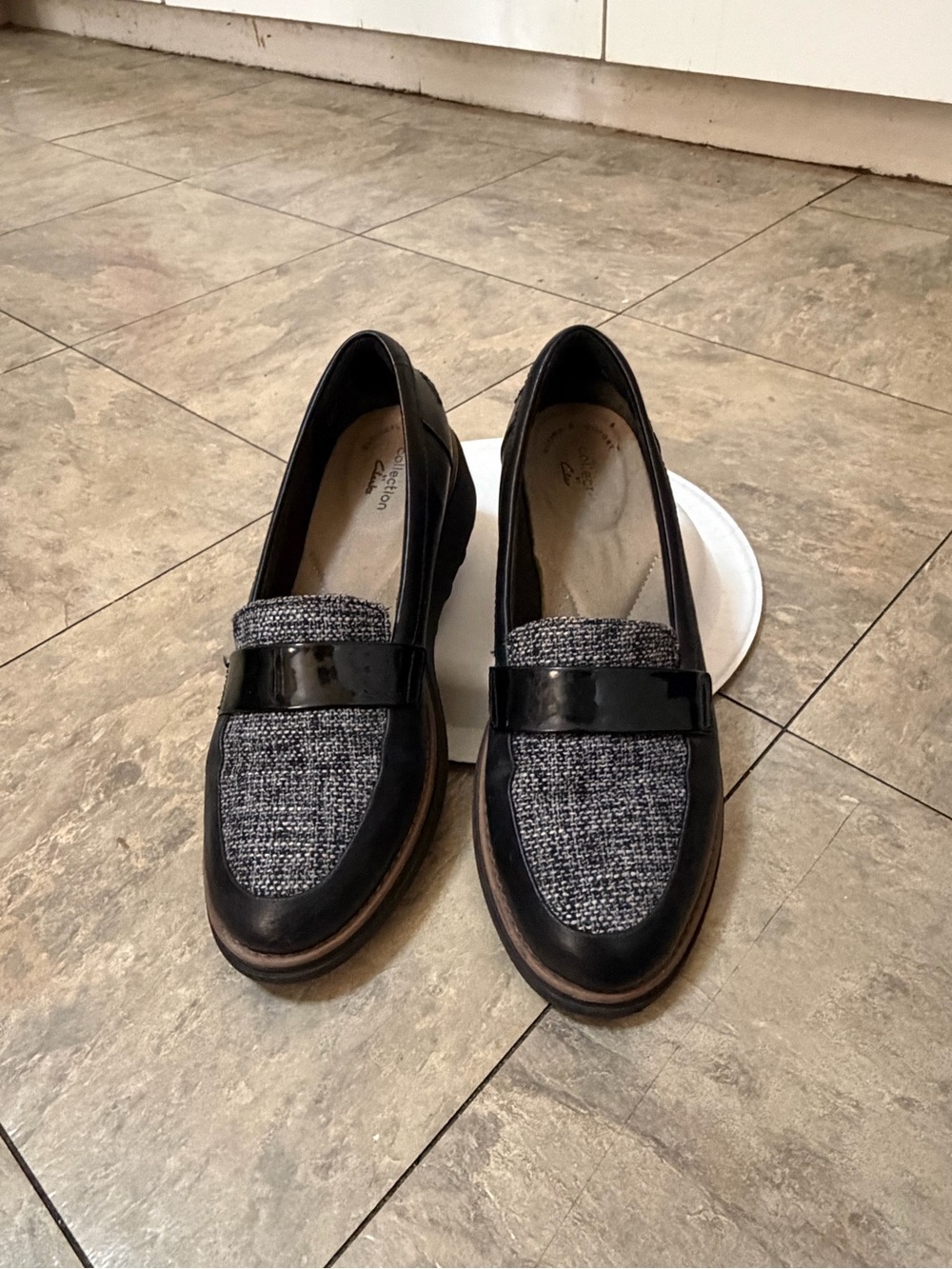 Clarks Black Tweed-Panel Leather Penny Loafers